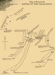 Karte zur Veranschaulichung der Schlacht um die Falklandinseln am 8. Dezember 1914, ca. 1920