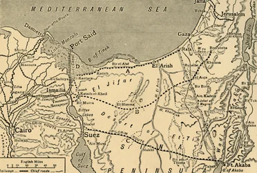 Karte des türkischen Angriffs auf den Suezkanal, Ägypten, Erster Weltkrieg