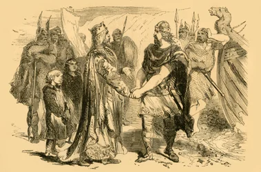 Treffen von Edmund Ironside und Knut auf der Insel Alney im Severn, ca. 1890