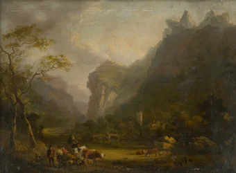 Bergtal mit Figurengruppe im Vordergrund