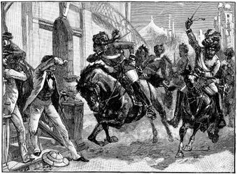 Berittene rebellische Sepoys stürmen durch die Straßen von Delhi, Indischer Aufstand, Mai 1857, ca. 1895