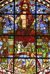 Nationalmuseum der französischen Denkmäler. Ehemalige Kirche der Cordeliers, Châteauroux. Glasfenster des Jüngsten Gerichts, Paris, Frankreich
