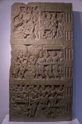 Nationalmuseum von Indien, Neu-Delhi. Szenen aus dem Leben Buddhas. Ikshvaku, 3. Jahrhundert n. Chr. Nagarjunakonda, Andhra Pradesh. Gräulicher Kalkstein. Detail. Indien.