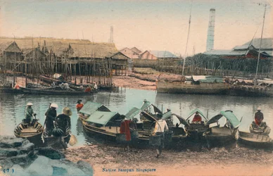 Einheimischer Sampan, Singapur, um 1910