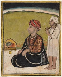 Adliger, der auf einem Freisitz im Freien sitzt und ein Schrein von Krishna anbetet, um 1800