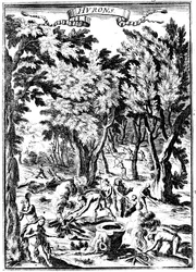 Nordamerikanische Huron-Indianer beim Jagen und Zubereiten von Nahrung im Wald, 1686