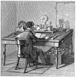 Operator sendet eine Nachricht auf einem Morse-Elektrodrucktelegrafen, 1887