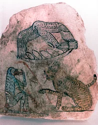 Ostrakon-Fragment, Gepard, Vogel und Affe, Ägypten