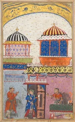 Seite aus Geschichten eines Papageis Tuti-nama: Achte Nacht: Eine Frau bittet ihren Liebhaber zu gehen..., ca. 1560