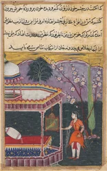 Seite aus Geschichten eines Papageis Tuti-nama: Achte Nacht: Der Papagei spricht Khujasta an..., 1558-1560