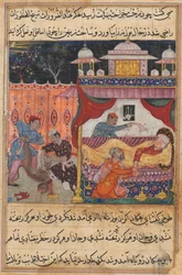 Seite aus Geschichten eines Papageis Tuti-nama: Fünfte Nacht: Der Affe getötet, sein Blut..., ca. 1560