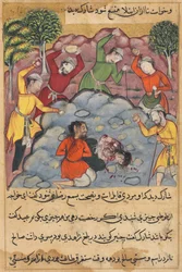 Seite aus den Geschichten eines Papageis Tuti-nama: Die Tochter des Rajas und ihr Liebhaber gesteinigt..., ca. 1560