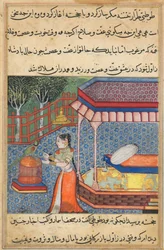 Seite aus Geschichten eines Papageis Tuti-nama: Sechsunddreißigste Nacht: Der Papagei spricht Khujasta an..., ca. 15. Jahrhundert