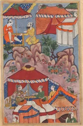 Seite aus Geschichten eines Papageis Tuti-nama: Vierundzwanzigste Nacht: Bashir gesteht seine Liebe, ca. 1560