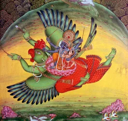 Gemälde von Vishnu und seiner Gemahlin Lakshmi auf dem Vogelgott Garuda reitend