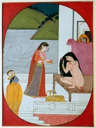 Gemälde des Gottes Krishna, der Radha beim Baden beobachtet