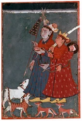 Malerei der Götter Siva und Khrishna begleitet von einem Stier, Tiger und Schakalen