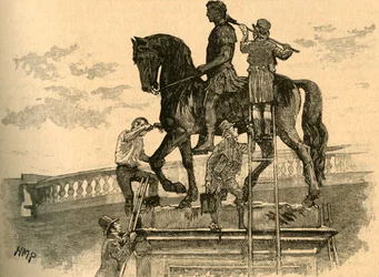 Die Statue König Wilhelms III. wird schwarz angestrichen, Dublin, Irland, 1821, um 1890.