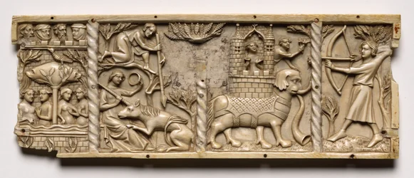 Panel von einem Kästchen mit Szenen aus höfischen Romanzen, 1330-1350 oder später