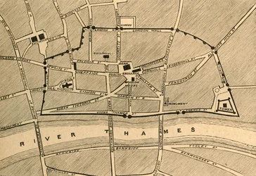 Teil des modernen Londons, der die alte Mauer zeigt, 1897