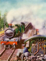 Vorbeifahrt mit Geschwindigkeit. Eine ungewöhnliche Ansicht vom Tender einer Güterlokomotive, 1935-36