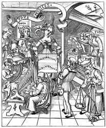 Personifikation der Musik, mit den Hilfskräften, dem Dichter und Musikern, 1508, 1870