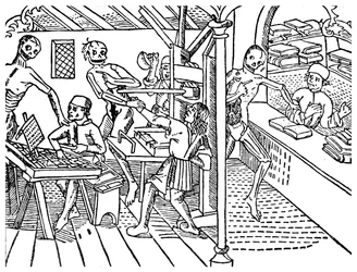 Drucker von Skeletten belästigt, 1499
