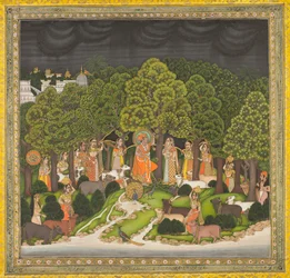Radha und Krishna treffen sich im Wald während eines Sturms, um 1770