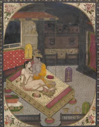 Radha und Krishna auf einem Bett in der Nacht
