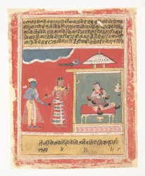 Radhas Freundin bittet sie, Krishna zu empfangen: Seite aus einem verstreuten Rasikapriya, 1634