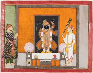 Raja Ram Singh verehrt Krishna als Brij Nathji den Bräutigam, ca. 1820