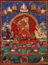 Roter Yamari flankiert von Virupa und Dombi Heruka