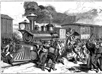Aufstand der Eisenbahnarbeiter in Martinsburg auf der Baltimore-Ohio-Eisenbahn, USA, 1877