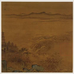Flusslandschaft: eine Pagode, schäumende Stromschnellen, ferne Hügel, Ming-Dynastie, 1368-1644