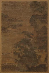 Flusslandschaft: Berge, Kiefern und Gebäude, Ming-Dynastie, 1368-1644