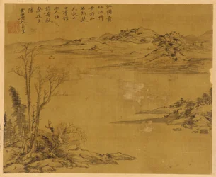Flusslandschaft: Bäume und Häuser im Vordergrund, möglicherweise Yuan-Dynastie, 1279-1368