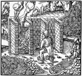 Kupfererz in einem Ofen rösten, 1556