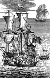 Robinson Crusoe rettet die Besatzung eines brennenden Schiffes auf See, ca. 1719