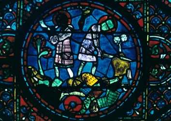 Roland zerbricht sein Schwert und bläst sein Horn, Buntglas, Kathedrale von Chartres, Frankreich, 1194-1260