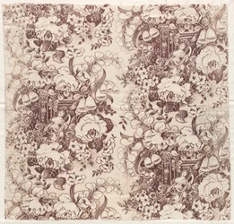 Rollenbedruckte Baumwolle mit Design einer Frau, die eine Laute spielt, frühe 1800er Jahre