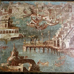 Römische Wandmalerei einer Hafenszene, Stabiae, nahe Pompeji, Italien