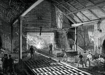 Gießen des flüssigen Eisens in die Formen, um 1880