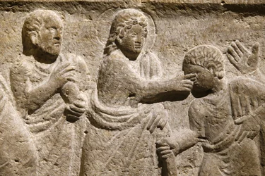 Abtei Saint Victor, Marseille. Sarkophagdetail: Jesus heilt einen Blinden. Frankreich