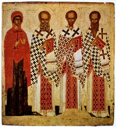 Heilige Paraskeve, Gregor der Theologe, Johannes Chrysostomus und Basilius der Große, frühes 15. Jahrhundert