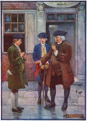 Samuel Johnson, englischer Schriftsteller, spricht mit Oliver Goldsmith, englischer Autor, ca. 1755-1774