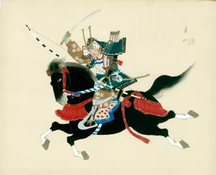 Samurai-Krieger reitet ein Pferd. Ein japanisches Gemälde auf Seide im traditionellen japanischen Stil