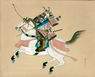 Samurai-Krieger auf einem Pferd. Ein japanisches Gemälde auf Seide im traditionellen japanischen Stil