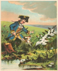 Szene aus Die Abenteuer des Baron Münchhausen von Rudolph Erich Raspe, ca. 1850
