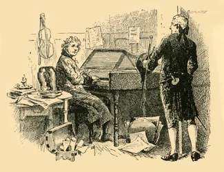 Sitzend vor einem alten, abgenutzten Klavier, 1907