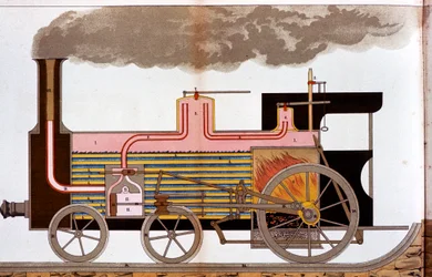 Schnittansicht einer Dampfeisenbahnlokomotive aus der Mitte des 19. Jahrhunderts, 1882